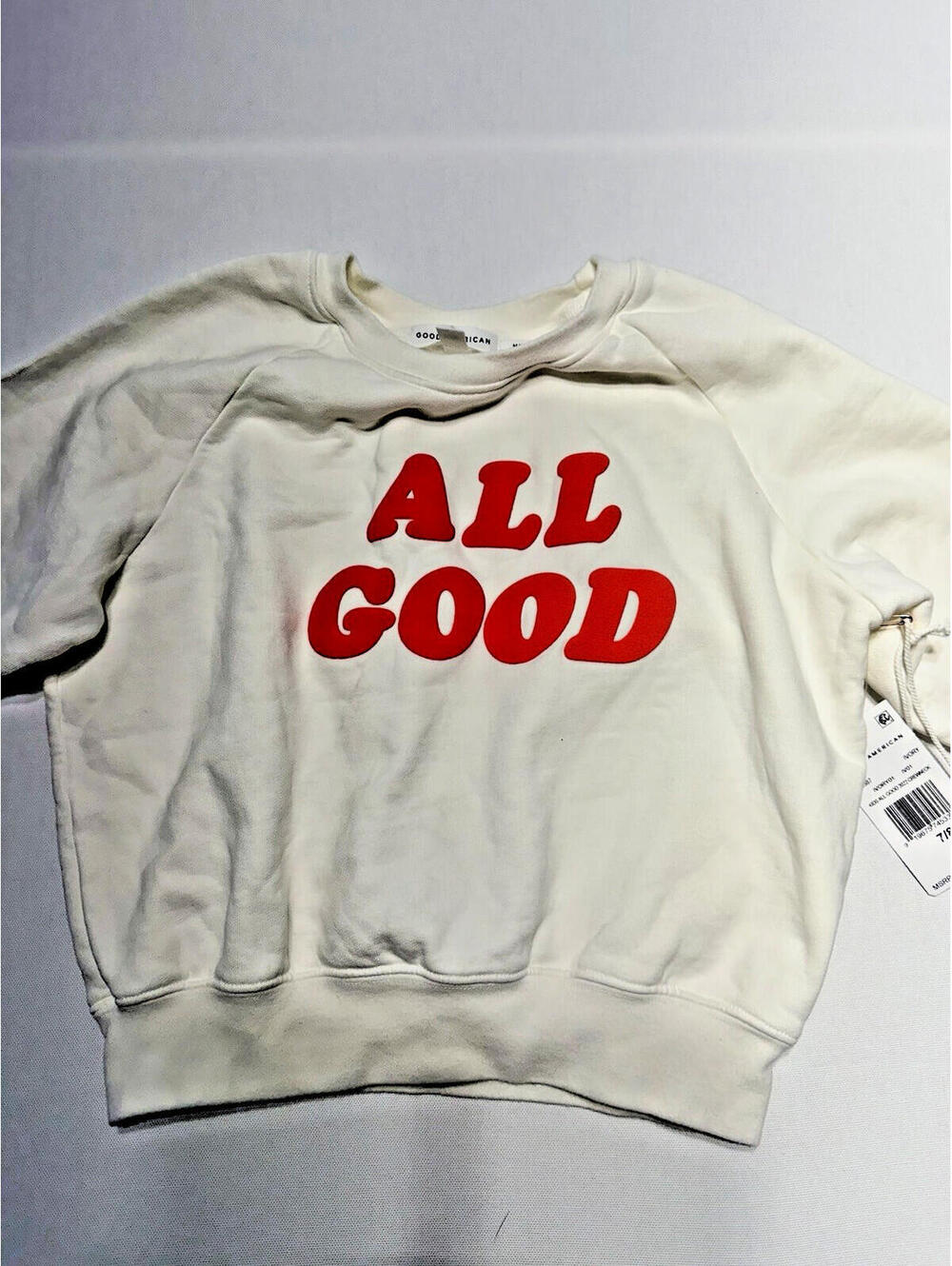 NWT Good American Kids All Good Crewneck Sweatshirt Ivory Size 7/8